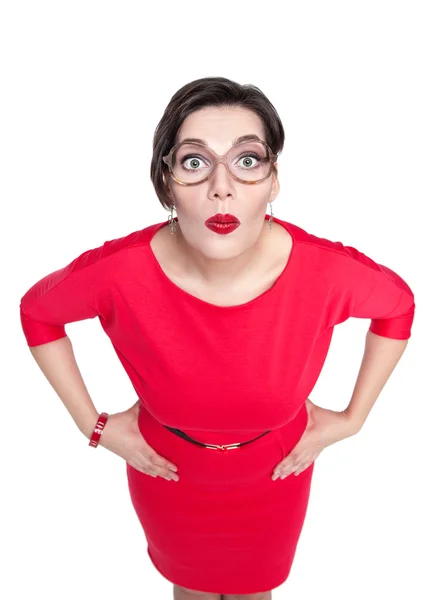 Beautiful plus size woman in glasses looking on you isolated. To — Stock Photo, Image