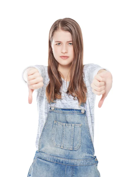 Young teenage girl with thumbs down gesture isolated — Stock Photo, Image