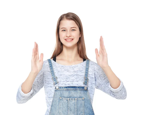 Joven chica de la moda haciendo gesto de tamaño con las manos aisladas — Foto de Stock