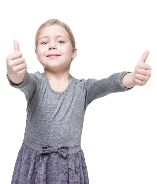 Beautiful little girl showing thumbs up isolated — Stock Photo, Image