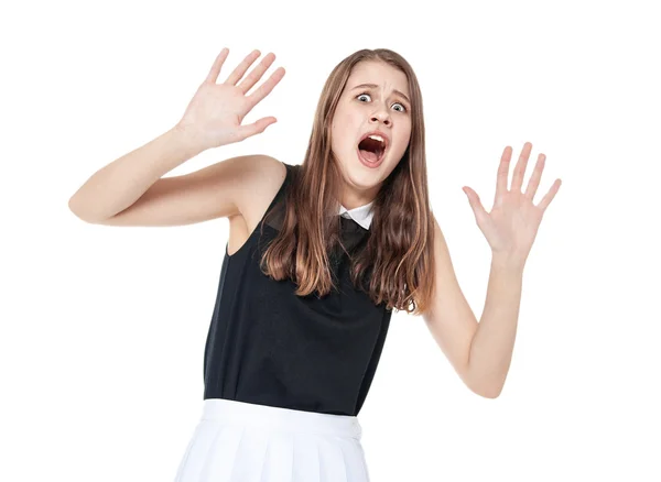 Scared young beautiful teenage girl screaming isolated — Stock Photo, Image
