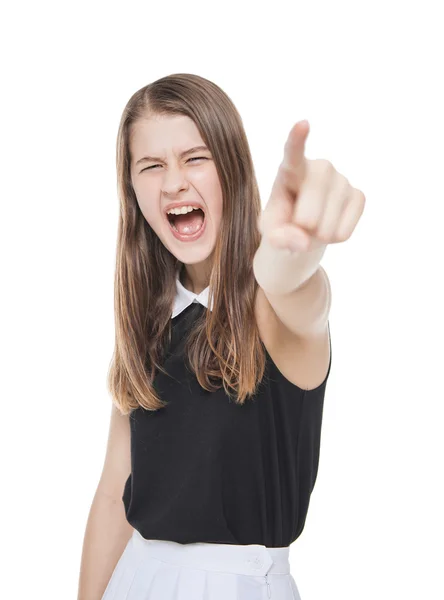 Angry teenage girl screaming and showing by finger — Stock Photo, Image