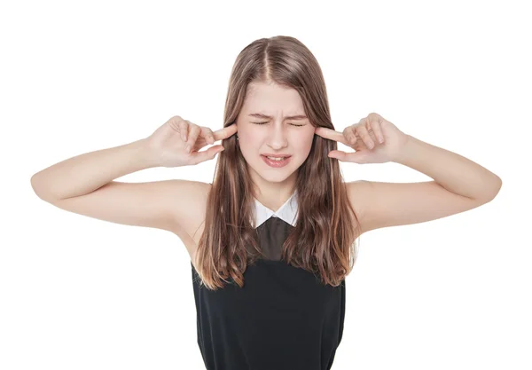 Young beautiful teenager girl plugging ears with fingers isolate — Stock Photo, Image