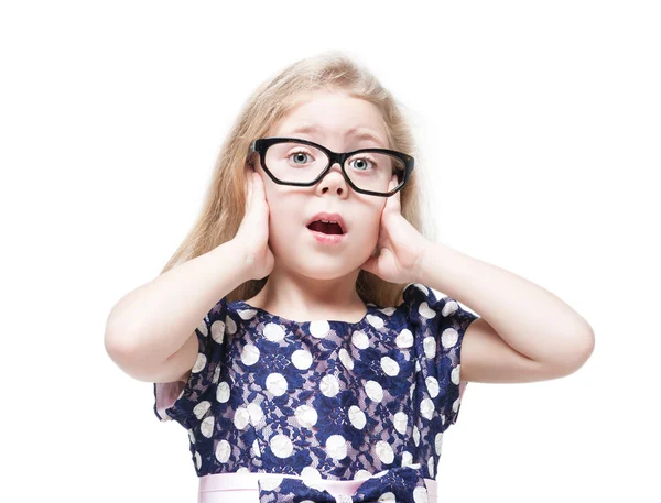 Beautiful little girl in glasses surprised isolated — Stock Photo, Image