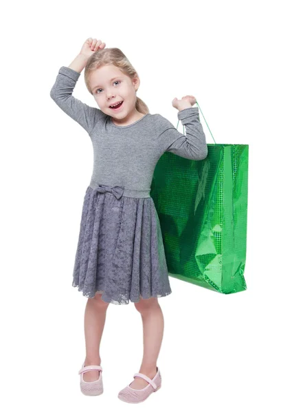 Hermosa niña con bolsa aislada — Foto de Stock