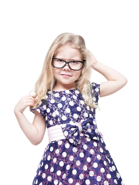 Beautiful little girl in glasses annoyed isolated — Stock Photo, Image