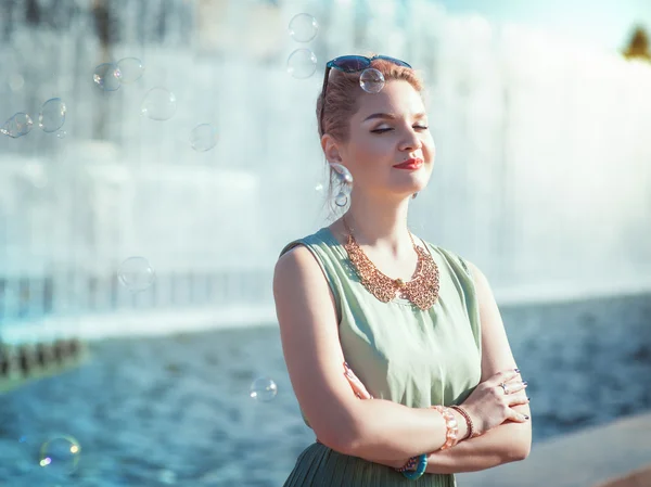 Hipster beautiful young girl in vintage clothing — Stock Photo, Image