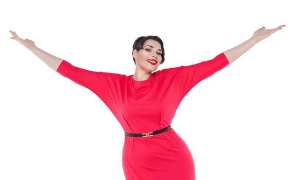 Feliz mulher bonita plus size em vestido vermelho com as mãos para cima isol — Fotografia de Stock