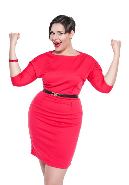 Beautiful plus size woman in red dress with yes gesture isolated — Stock Photo, Image