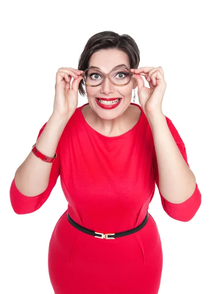 Loca mujer de talla grande con gafas mirándote. Vista superior —  Fotos de Stock