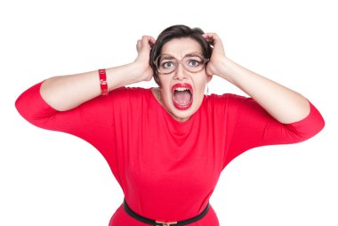 Scared screaming beautiful plus size woman in red dress isolated