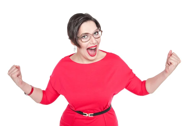 Beautiful plus size woman in glasses with yes gesture isolated — Stock Photo, Image