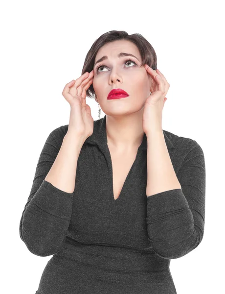 Krásné plus velikost ženy s bolestí hlavy, samostatný — Stock fotografie