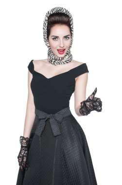 Başparmak izole gösterilmesini retro pin-up tarzı güzel kadın