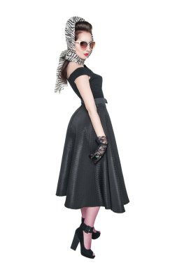 Genç güzel kadın izole tarzı poz yukarı retro PIN