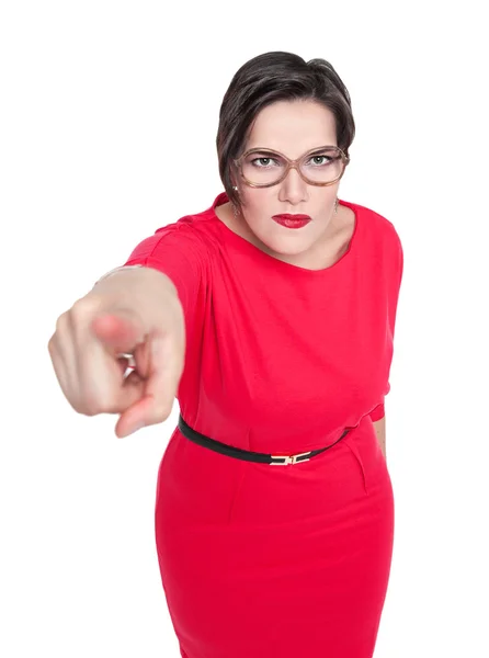 Schöne Plus-Size-Frau mit Brille, die mit dem Finger auf dich zeigt — Stockfoto