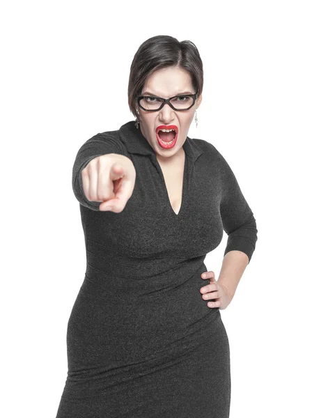 Angry teacher woman pointing out isolated — Stock Photo, Image