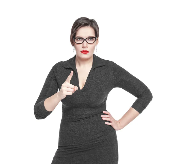 Strict teacher woman threatens by finger isolated — Stock Photo, Image