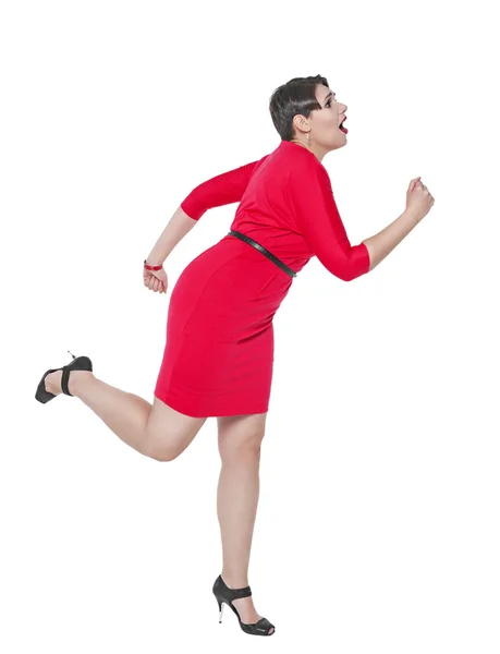 Beautiful plus size woman run away from something isolated — Stock Photo, Image