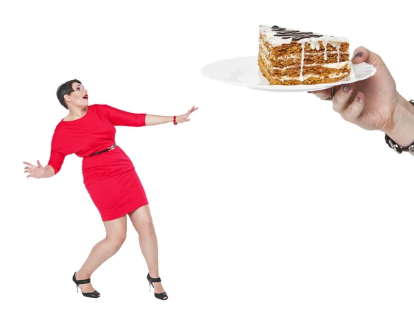 Ernährung und Ernährungskonzept. Plus Size Frau Angst Kuchen — Stockfoto