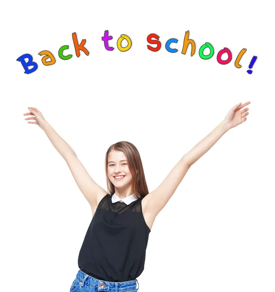 Happy young girl with hands up. Back to school concept — Stock Photo, Image