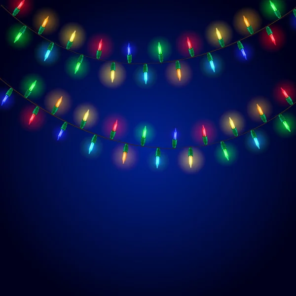 Luces de Navidad brillantes de colores sobre fondo azul — Vector de stock