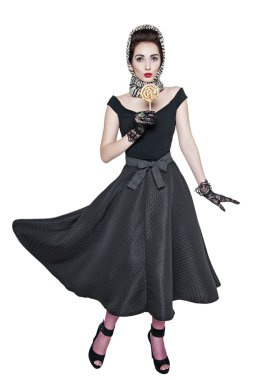 Genç güzel kadın tarzında lolipop ile retro PIN 