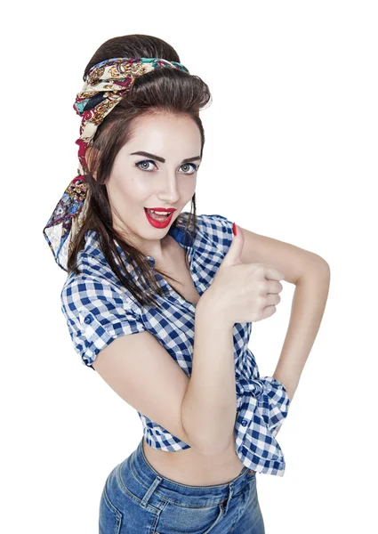 Mooie vrouw in retro pin-up stijl tonen duimen omhoog geïsoleerde — Stockfoto