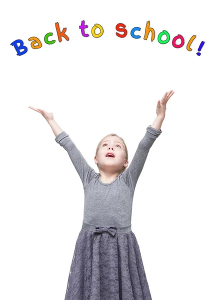 Beautiful little girl with hands up. Back to school — Stock Photo, Image