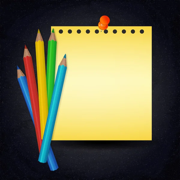 Χαρτί με καρφίτσα σημειώματος και πολύχρωμα μολύβια στο μαυροπίνακα — Διανυσματικό Αρχείο