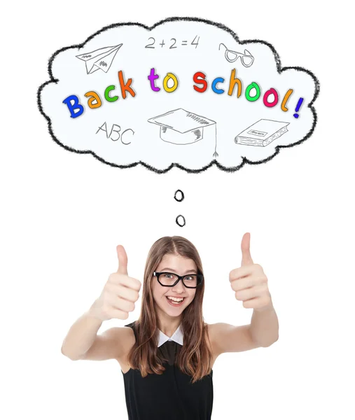 Happy teenage girl showing thumbs up. Back to school concept — Stock Photo, Image