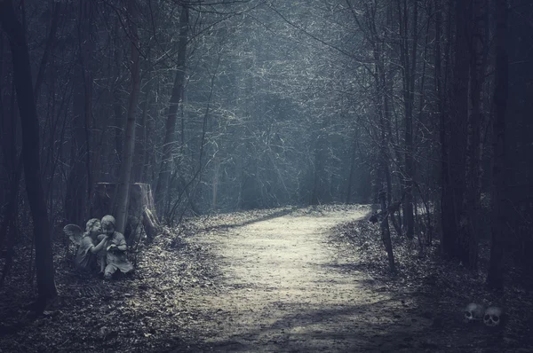 Cadılar Bayramı manzara. Boş yol ile karanlık orman