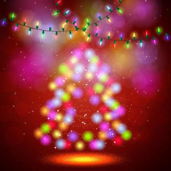 Árbol de abeto brillante con luces de Navidad — Vector de stock