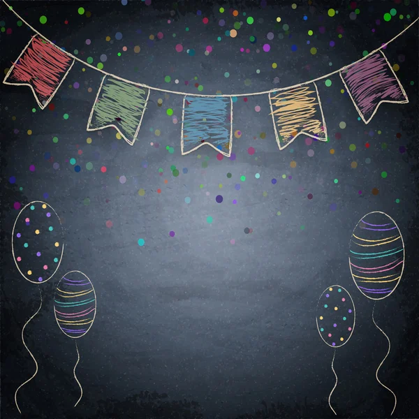 Kara tahta arka plan ile çizim kiraz kuşu bayrakları ve balonlar