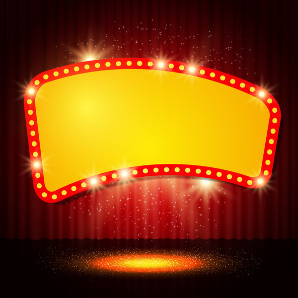 Luminoso banner de casino retro en la cortina del escenario — Vector de stock