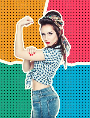 Retro pin-up tarzı güçlü hareketi biz Can Do It ile kadında 