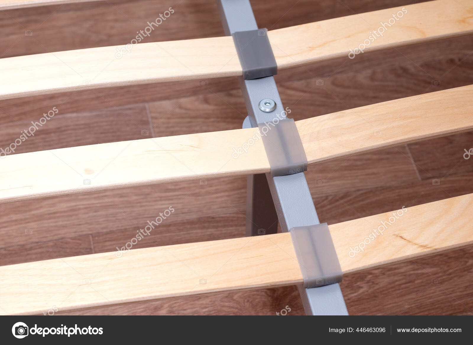 Closeup Wooden Slats Double Bed Birchen Arthopedic Base Bed Stock Photo