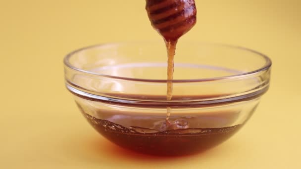 Madu dalam botol kaca dengan madu. Seseorang mencelupkan madu ke dalam manisan madu. — Stok Video