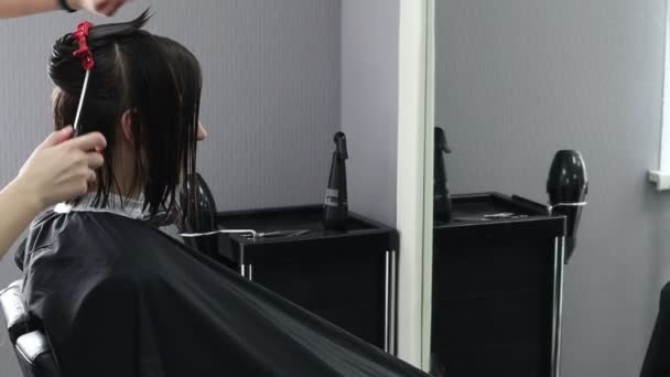 Девушка стрижет волосы в салоне красоты. Парикмахерская. Парикмахер делает прическу молодой женщине — стоковое видео