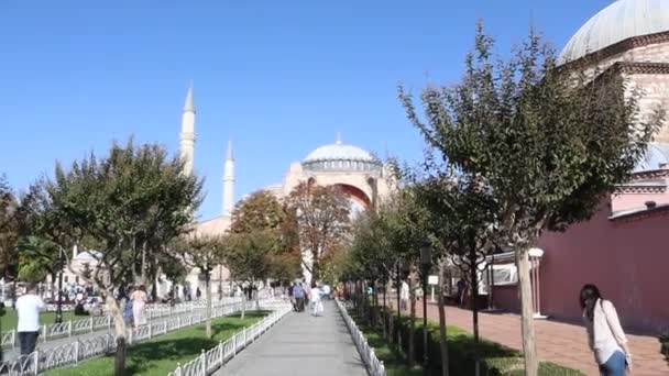 Emberek járkálnak Hagia Sophia mecset körül isztambuli Törökországban a 2021-es világjárvány idején. Sultanahmet park Isztambulban, Törökország — Stock videók