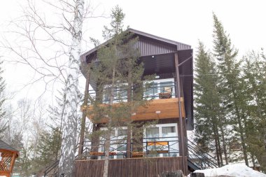 Ormanda, yüksek çam ağaçlarının arasında, iki katlı, modern ahşap bir ev..