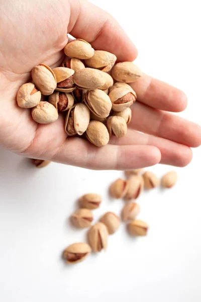 Heap Pistachio Nuts Handful Pistachios Hand — Stock Photo, Image