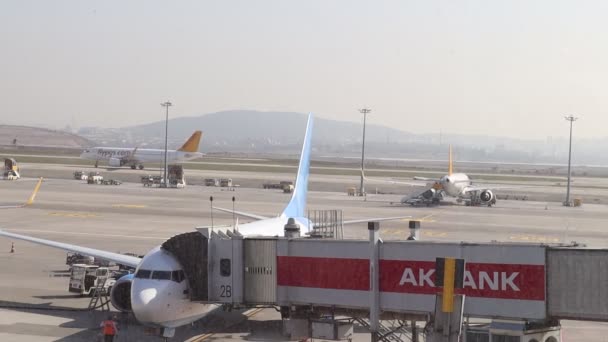 Pobeda Airlines vliegtuig op de internationale terminal Sabiha Gokcen luchthaven: Istanbul Turkije: 10 18 2020 — Stockvideo