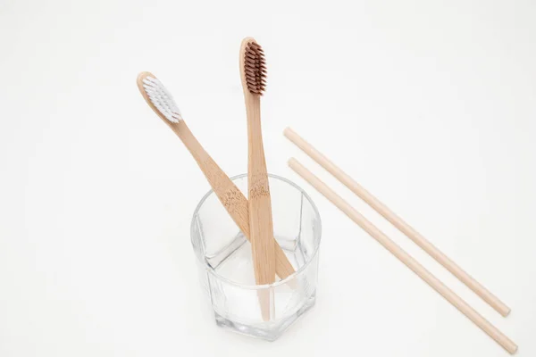 Bamboo Toothbrushes Glass Zero Waste — Stock Photo, Image