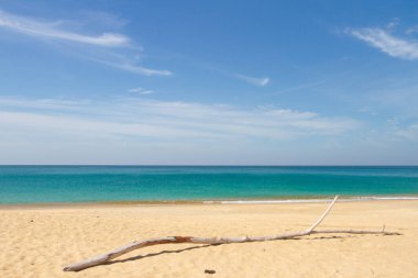 Tropikal plajda eski ahşap çıkıntısı. Phuket. Tayland. Güzel mavi gökyüzü ve masmavi deniz.