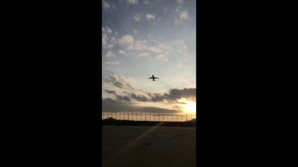 Το αεροπλάνο απογειώνεται το ξημέρωμα πάνω από την παραλία — Αρχείο Βίντεο