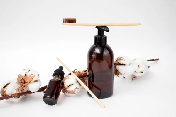 Accesorios Baño Ecológicos Cosmética Natural Cero Residuos Frascos Aceites Esenciales — Foto de Stock