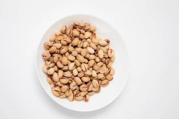 Pistachios Nuts White Bowl Top View — Stock Photo, Image