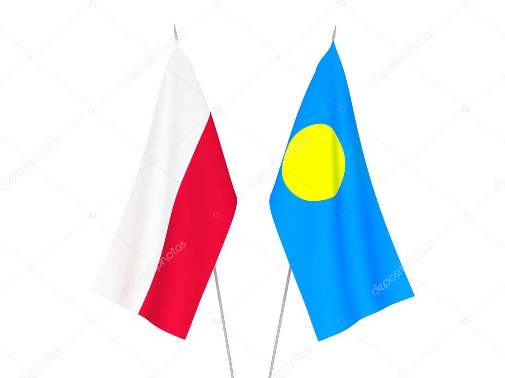 National fabric flags of Palau and Poland isolated on white background. 3d rendering illustration.