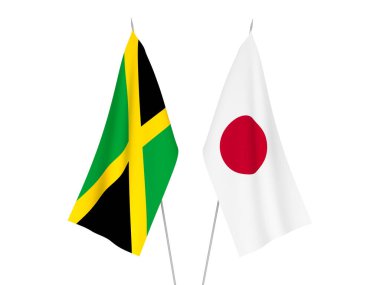 Japonya ve Jamaika 'nın ulusal kumaş bayrakları beyaz arka planda izole edildi. 3d resimleme.